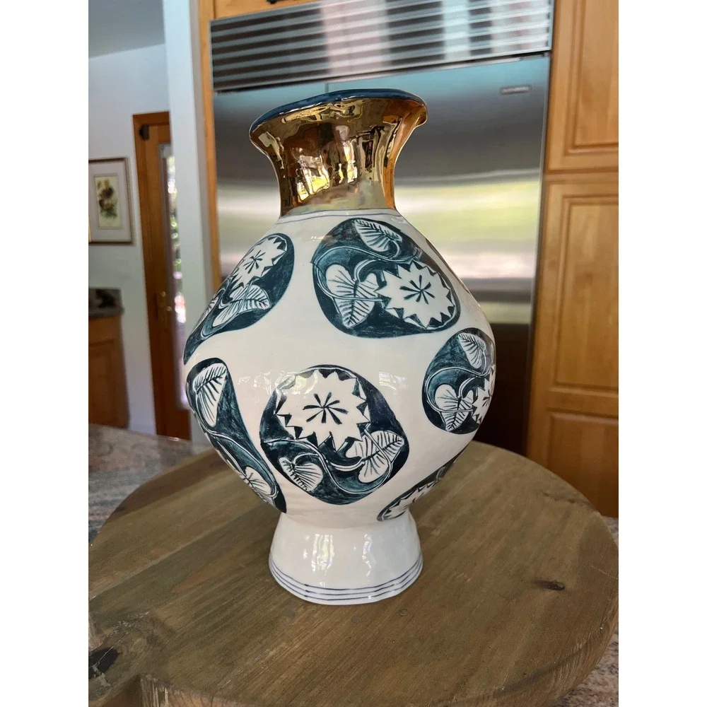 Ruan Hoffmann Anthropologie Dreambirds Wide Vase Navy Gold 14